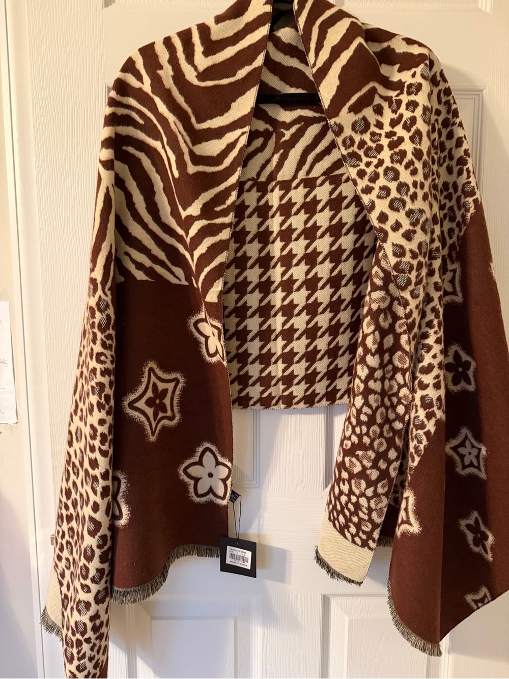 Mixed Pattern Clover Brown and Cream Scarf Wrap Shawl NWT